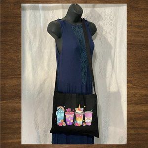 Unicorn Cup Drinks Crossbody Messenger Cotton Canvas Tote Bag with Long Strap